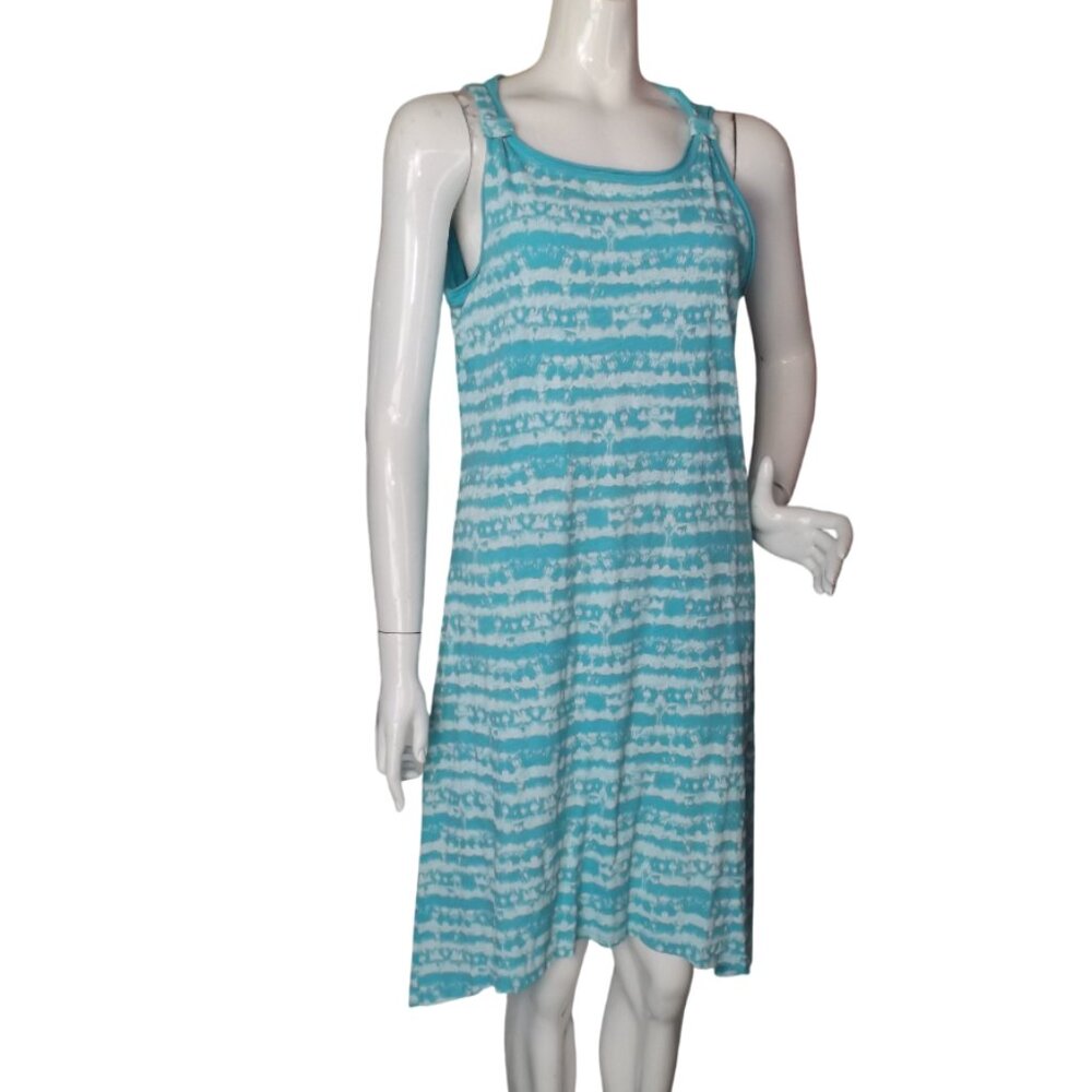 FRESH PRODUCE Dress, M, Aqua/Blue, White abstract stripes, Cut-out back, Jersey - Picture 3 of 13